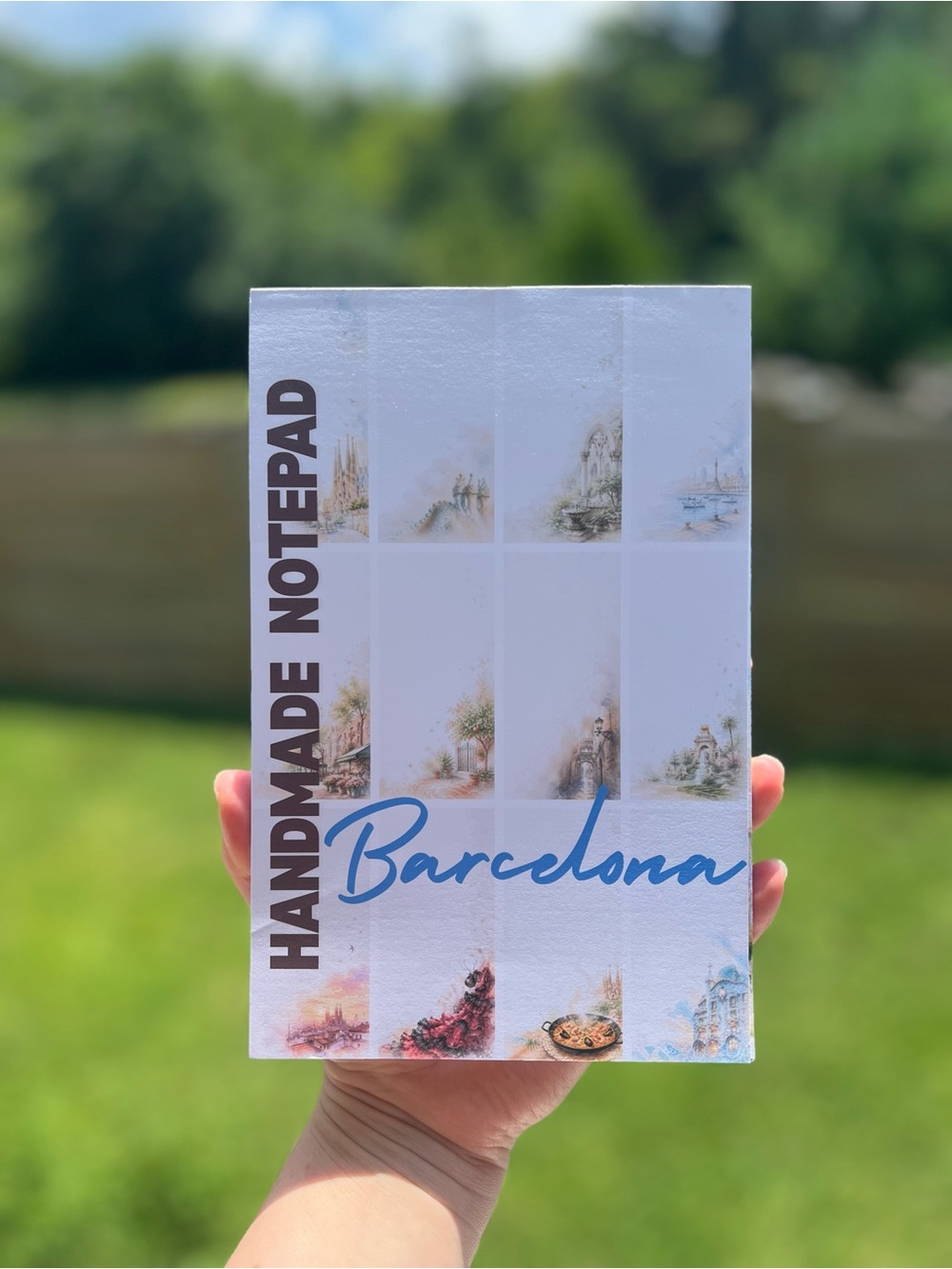 Handmade Barcelona Notepad - White with Blue Script